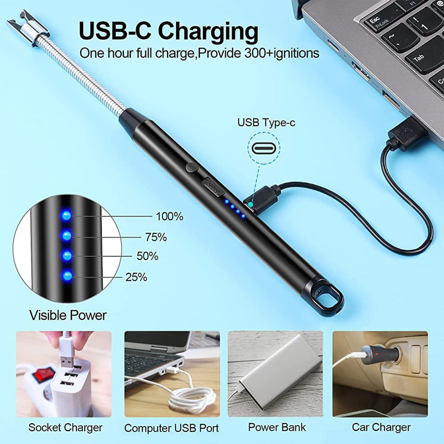 Long Flexible USB Rechargeable Electric Arc Lighter – Windproof, Flameless Plasma