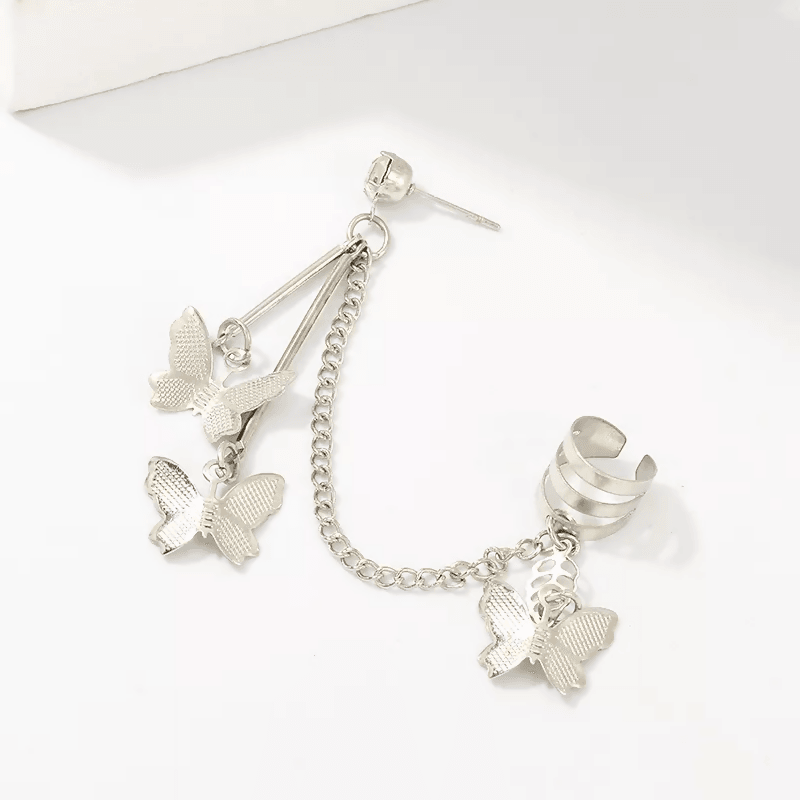 Pinapes beautiful silver butterfly tassels clip ear cuff earring