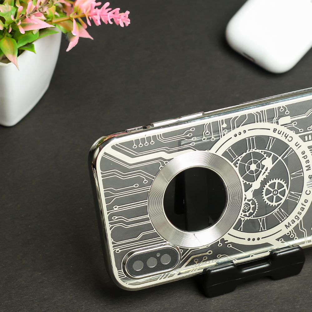 Silver Watch Machine Logo Cut Transparent Case for Apple Iphone X/Xs