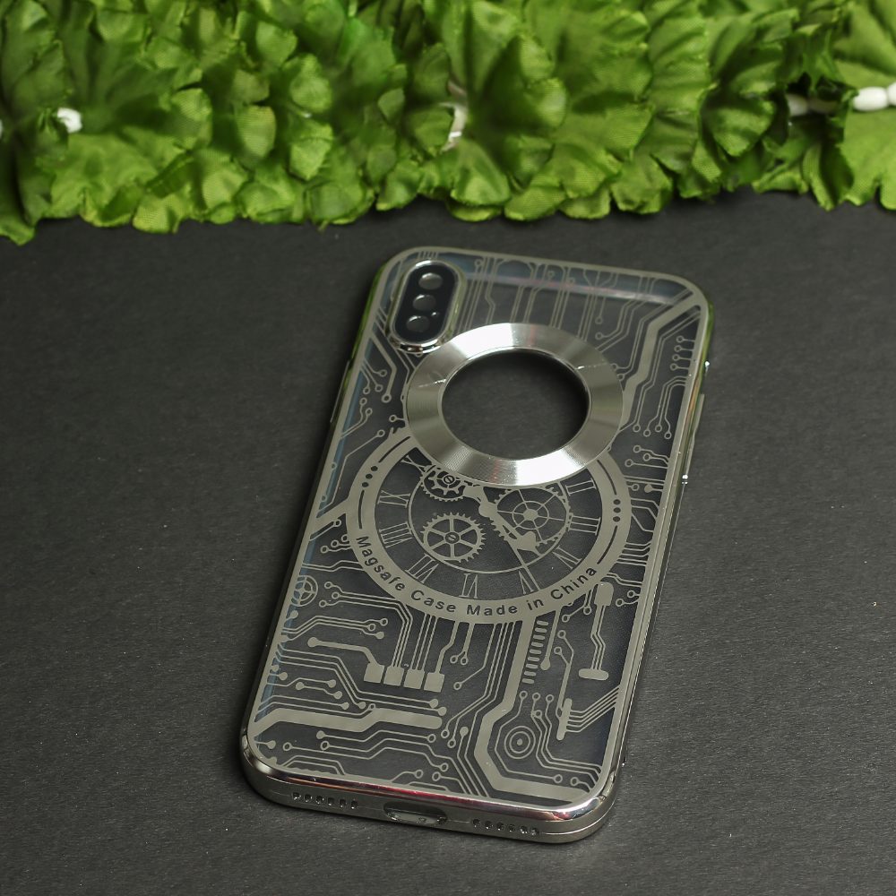 Silver Watch Machine Logo Cut Transparent Case for Apple Iphone X/Xs