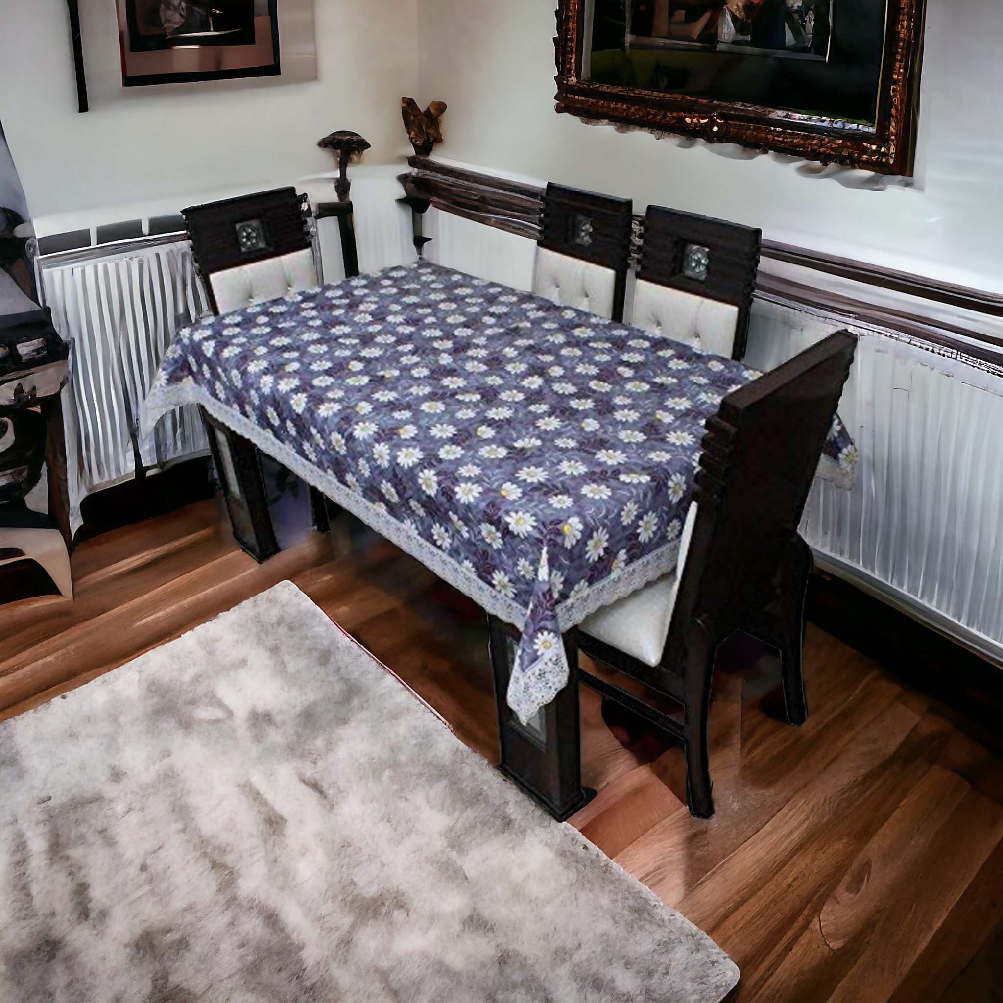 Graceful Blue Flower Embroidered Table Cover – Small & Large (40x60 & 60x90 inches)