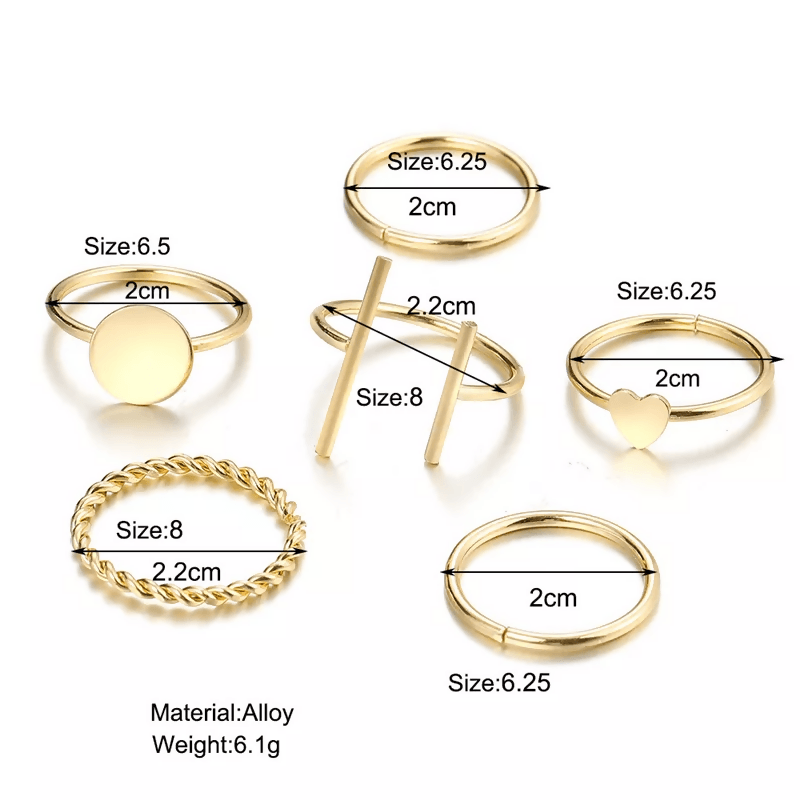 Pinapes Boho Midi Finger Rings Fashion Base Metal Ring Set for Girls (Set of 6)