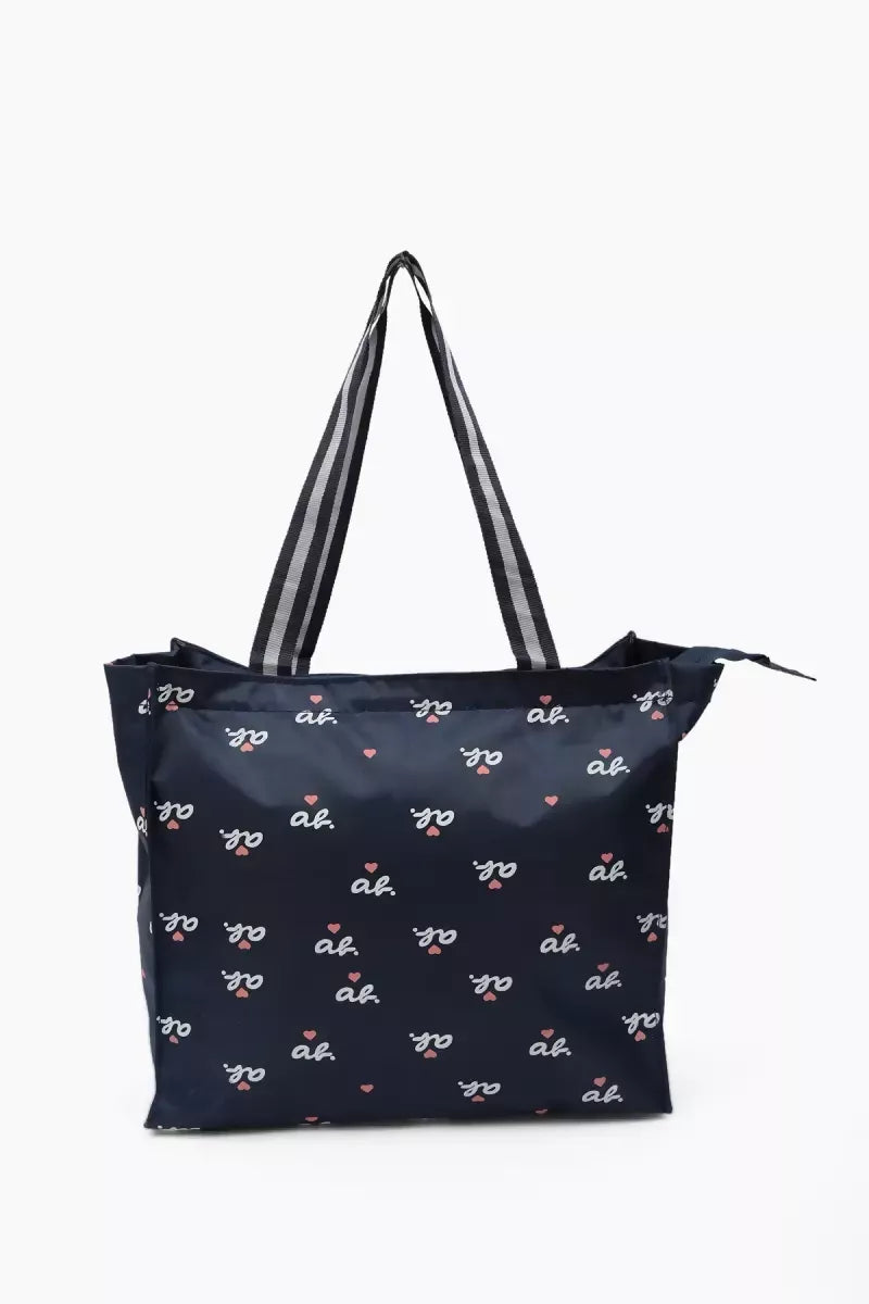 Letter Printed Canvas Tote Hand Bag for Girls (Navy Blue)