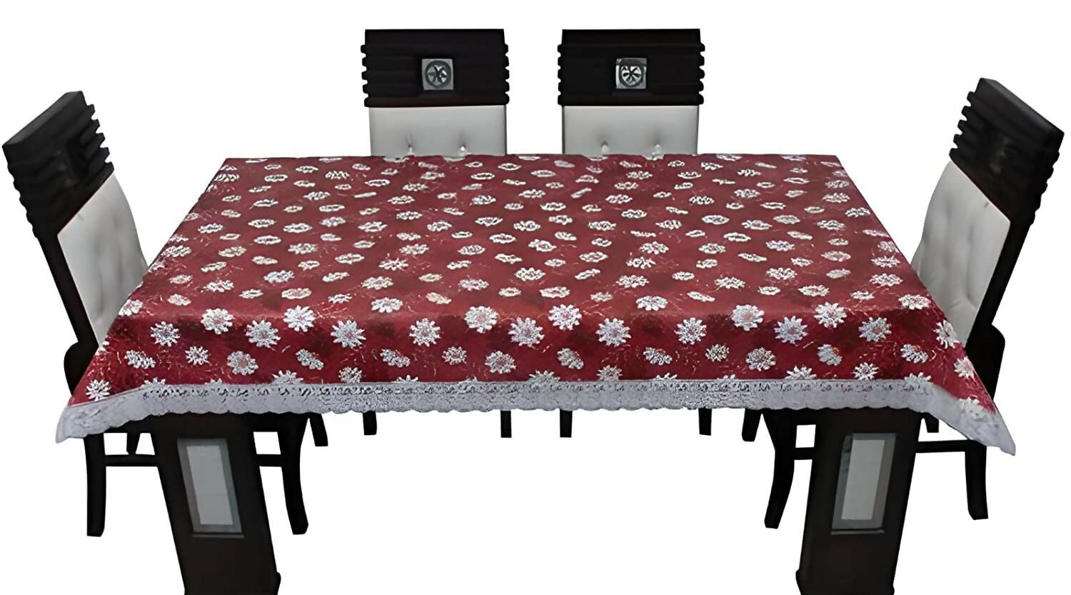 Mopak Decor Elegant 3D Printed Table Cover with Lace Border – Maroon Flower Design