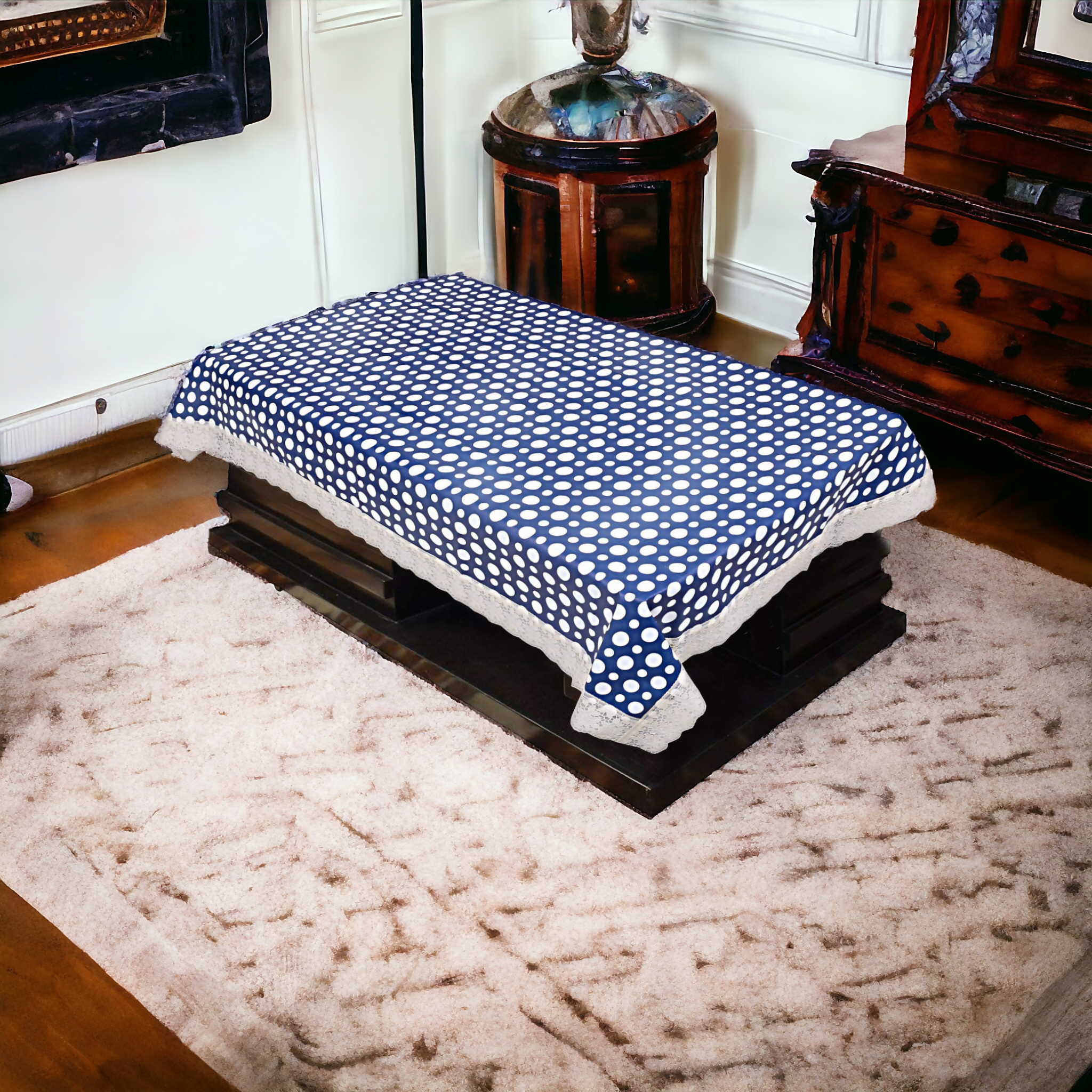 Classic Blue Dot Table Cover – Small & Large (40x60 & 60x90) Inches