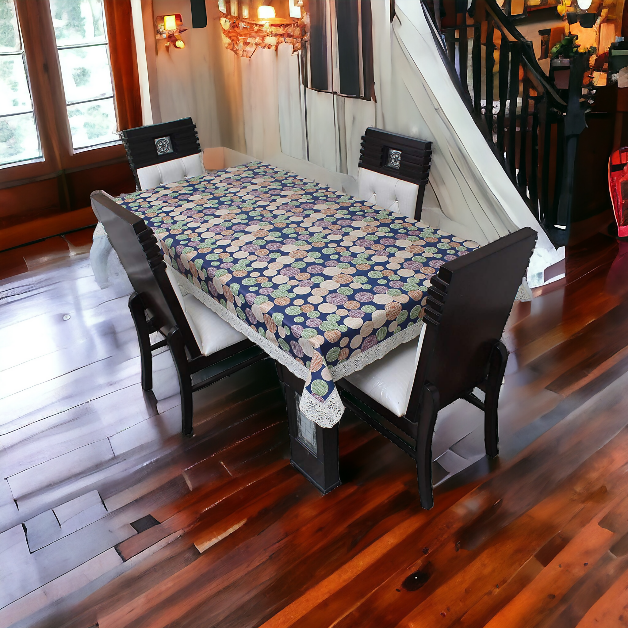 Stylish Blue Multi circle Embroidered Polyester Table Cover – Small & Large (40x60 & 60x90) Inches