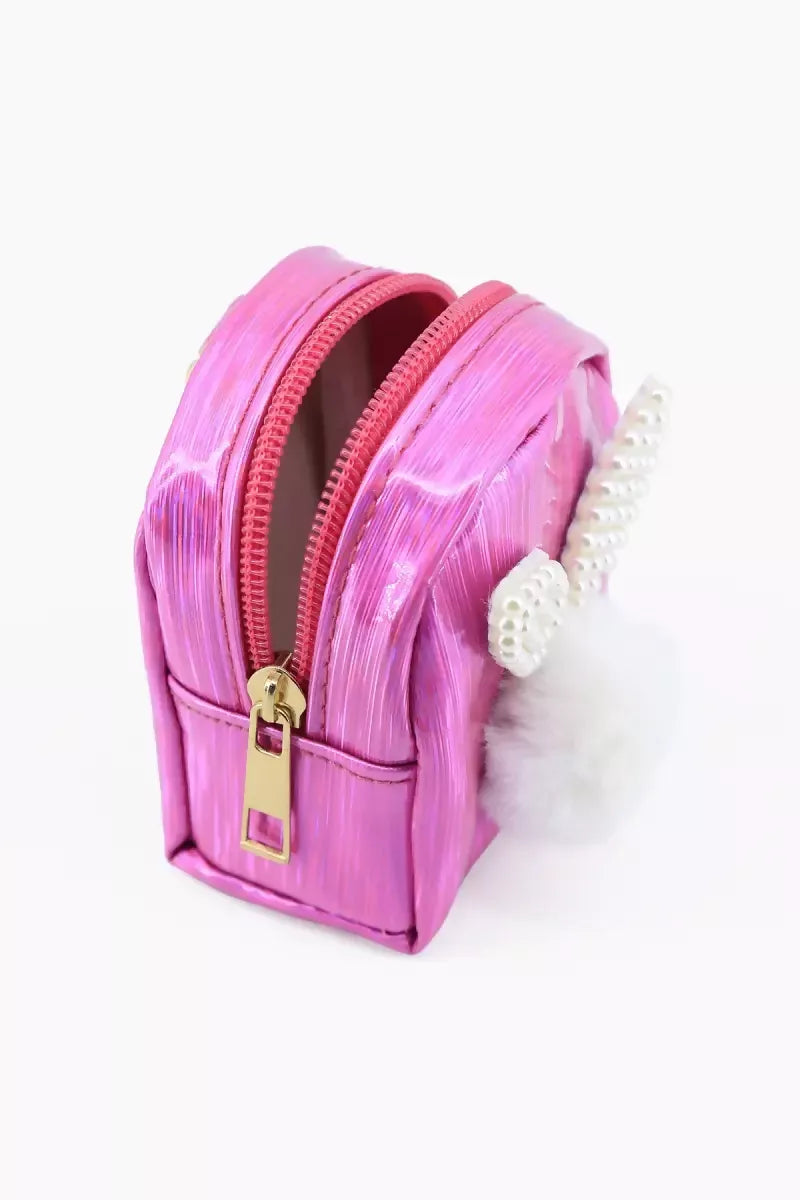 Mini Coin Purse Keychain with Fluffy Pompom (Dark Pink )