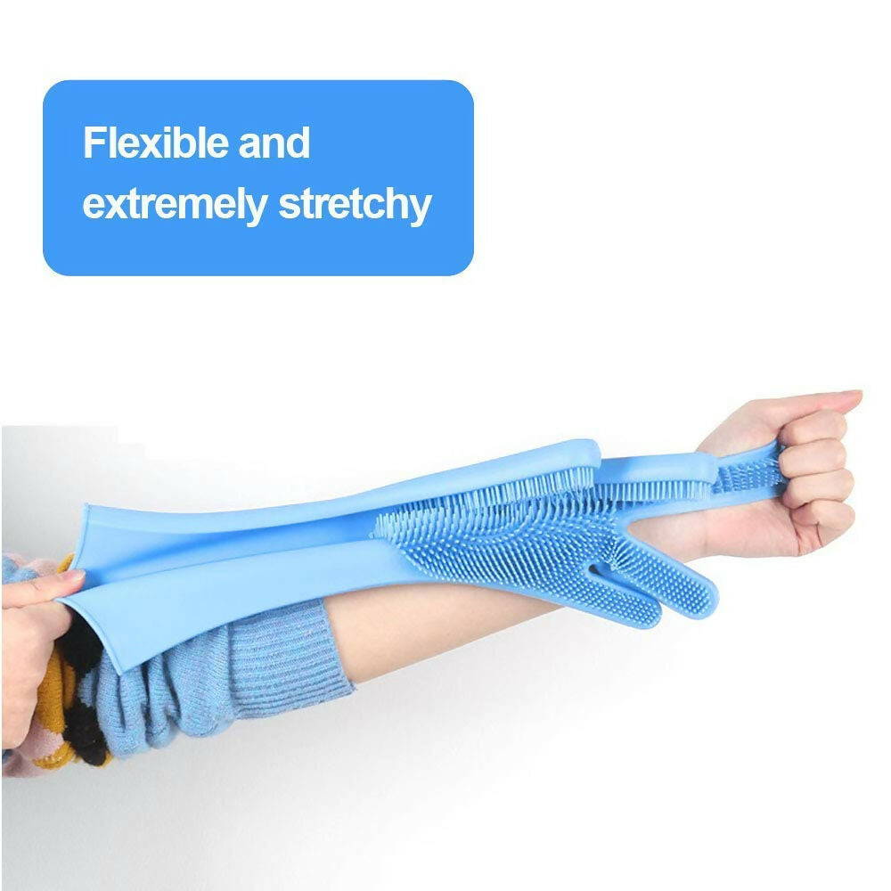 Pair of Reusable Waterproof Silicone Gloves for Cleaning Kitchen, Laundry & Garden (Blue)