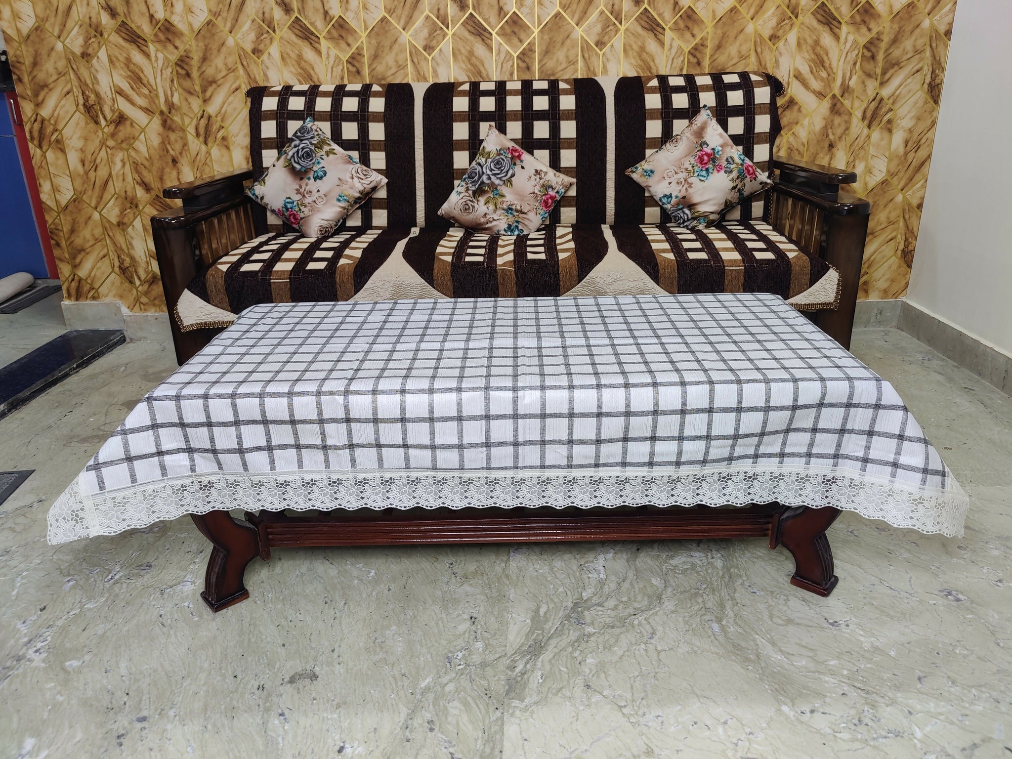 Mopak Decor Classic Table Cover Printed Table Cover with Lace Centre Table Cover