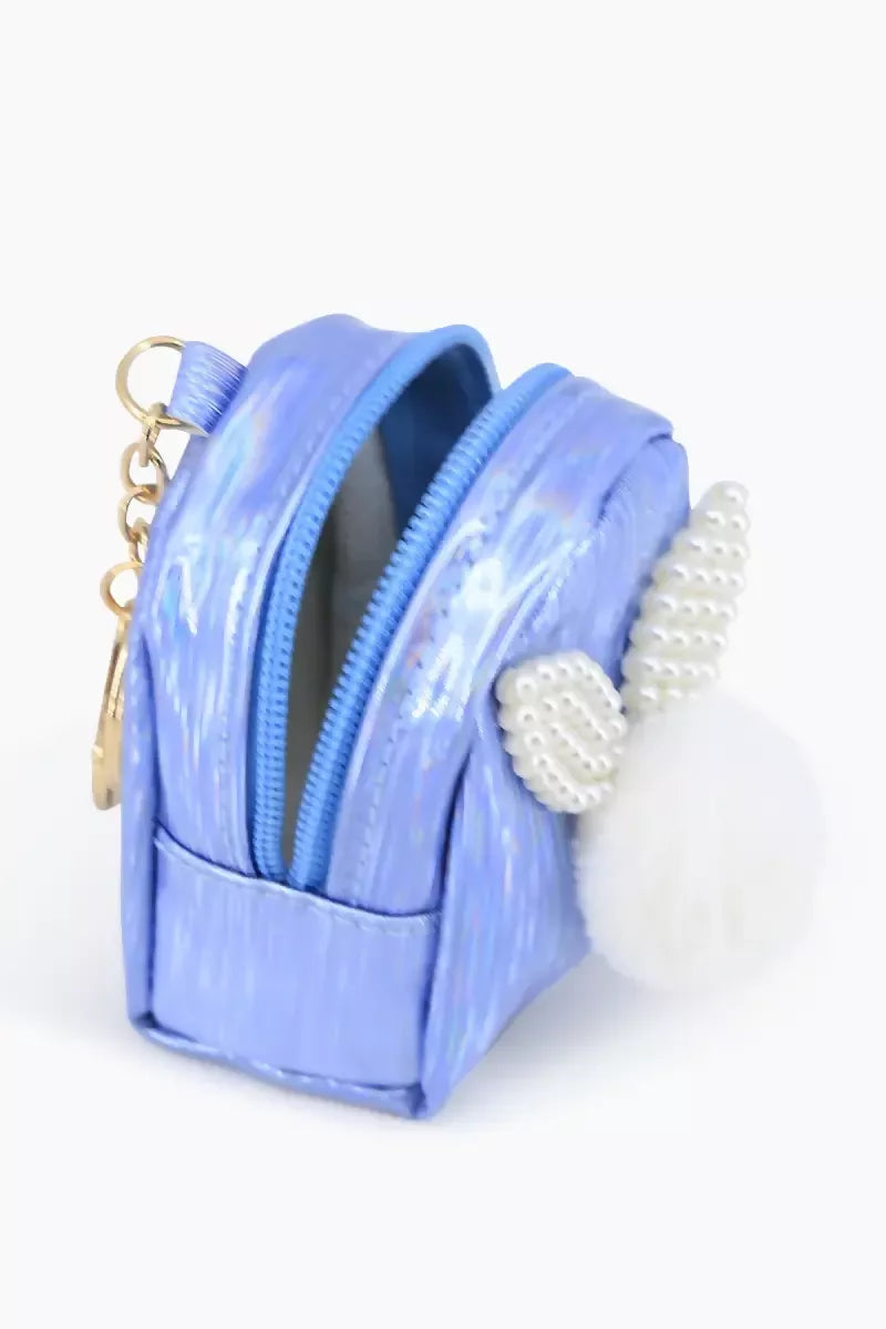 Mini Coin Purse Keychain with Fluffy Pompom (Blue)