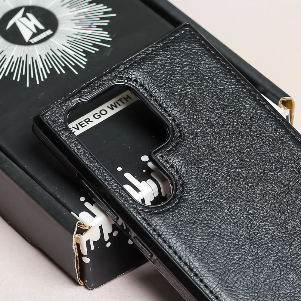 Puloka Black Leather Case for Samsung S22 Ultra