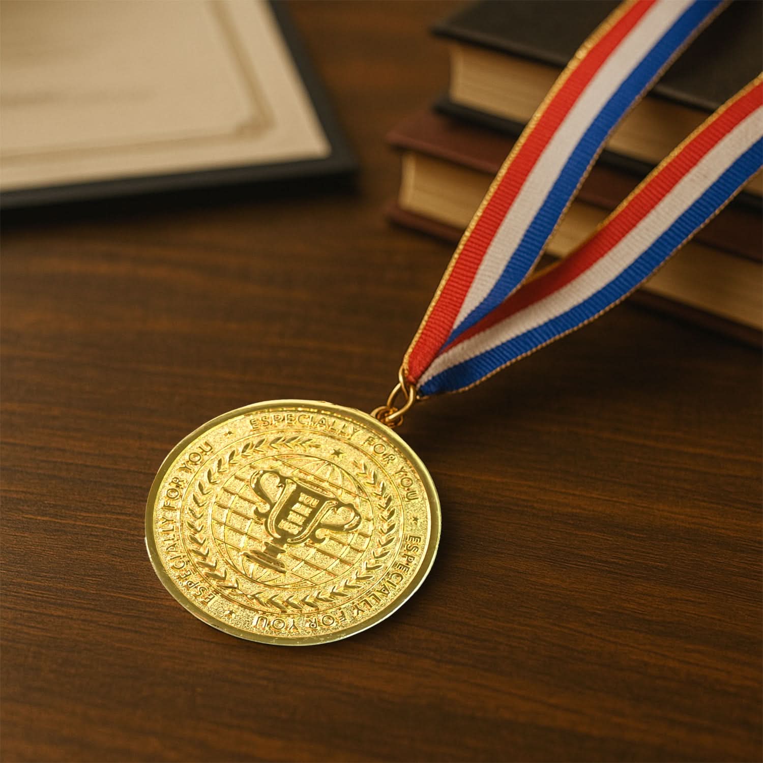 Gold Metal Medal With Tricolor Ribbon (1 Pc)