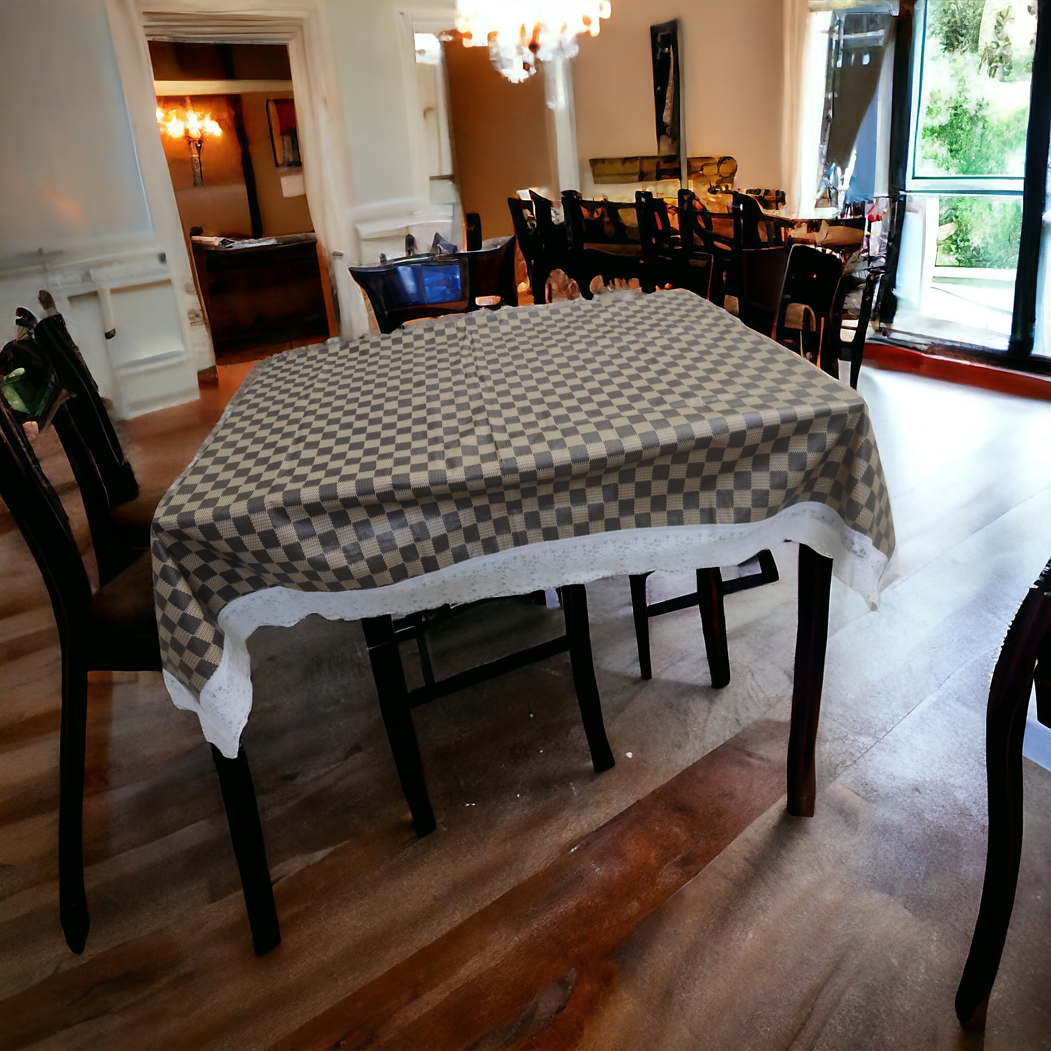 Mopak Decor Elegant 3D Printed Table Cover with Lace 2 to 4 Seater ( 40*60 Inches Brown Block Design)