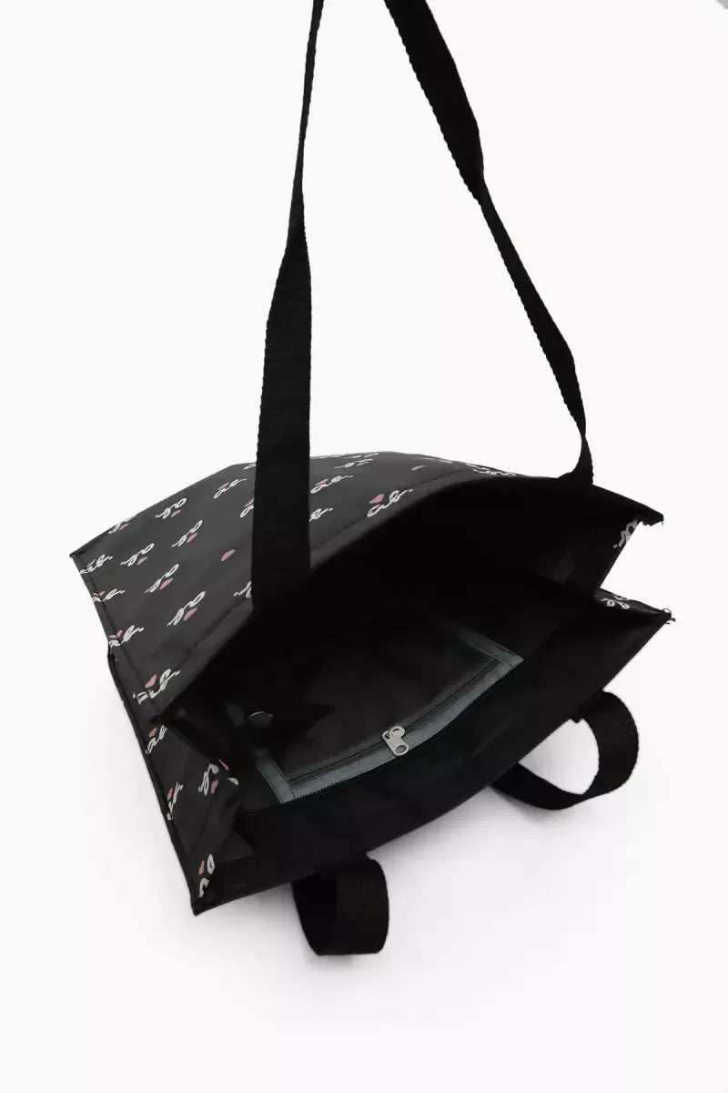 Letter Printed Canvas Tote Hand Bag for Girls (Black)