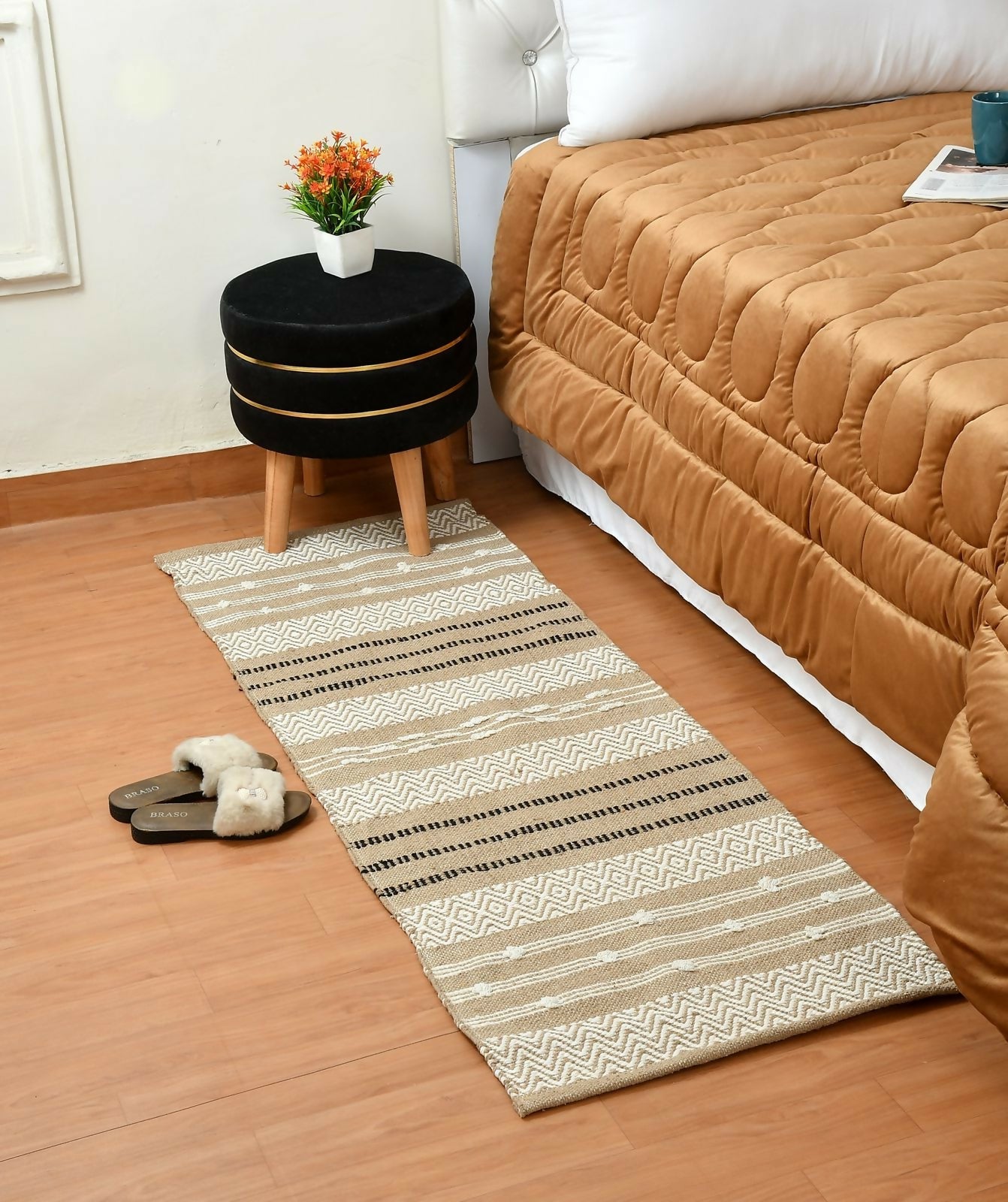 AaHo Anti-Slip Cotton Bedside Runner Striped Rug for Bedroom & Living Room (light brown)