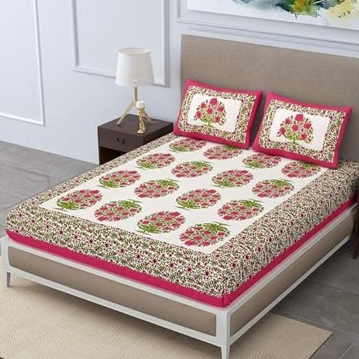 Jaipur Rajasthani Hand Printed Double Bedsheet with 2 Pillow Cover (Pink)