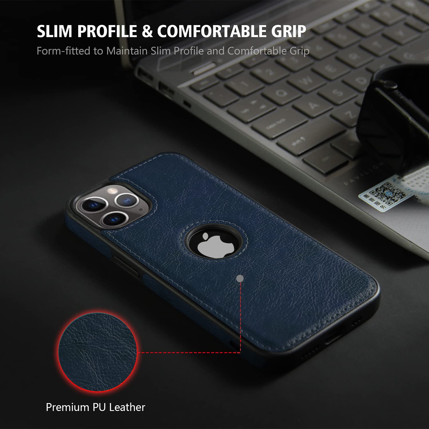 Puloka Dark Blue Logo cut Leather silicone case for Apple iPhone 14 Pro Max