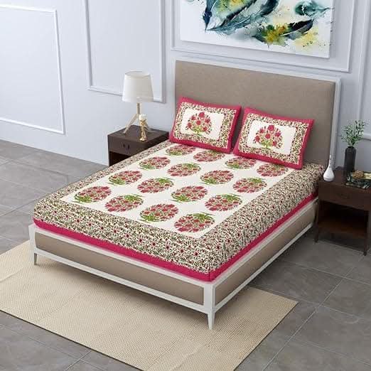 Jaipur Rajasthani Hand Printed Double Bedsheet with 2 Pillow Cover (Pink)