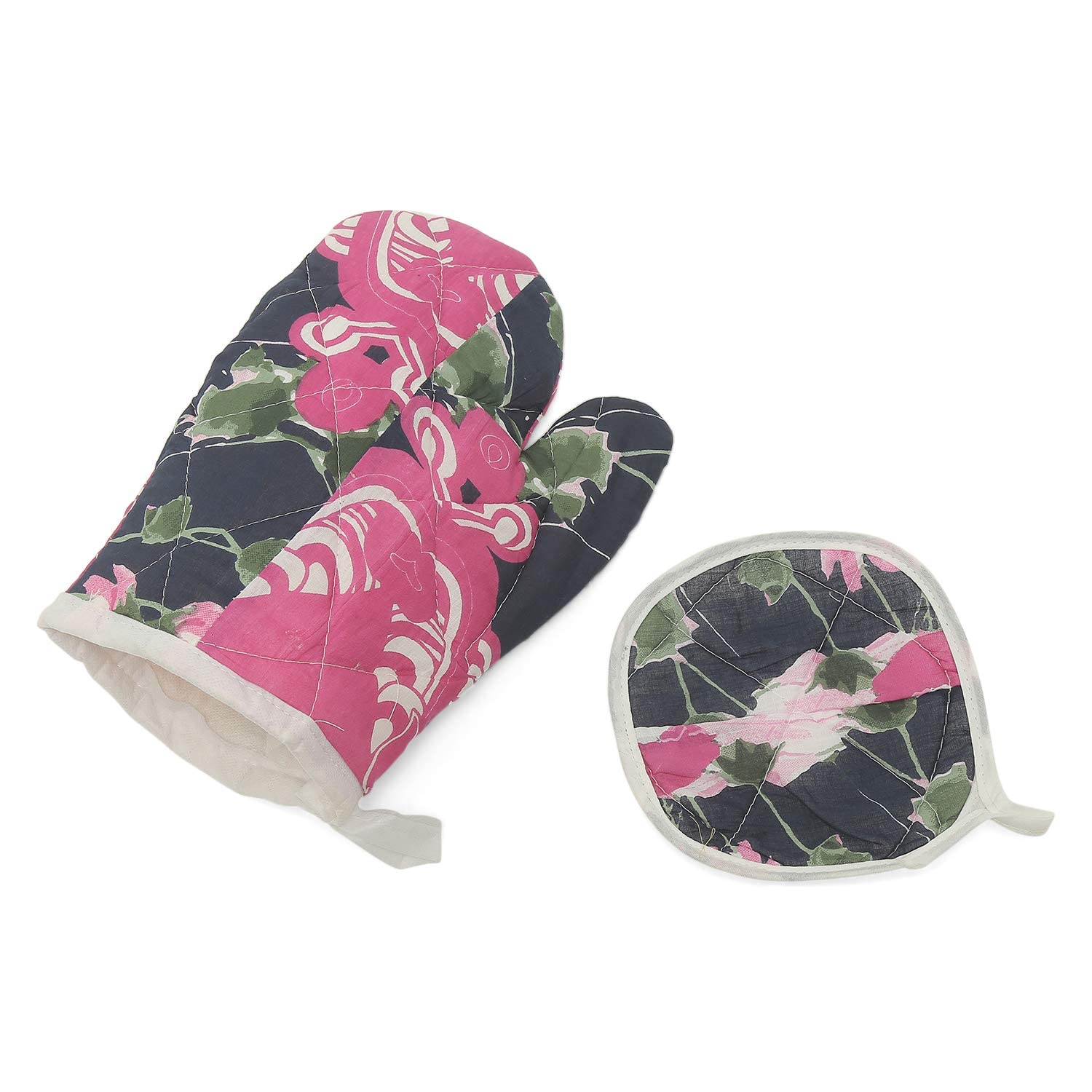 100% Cotton Microwave Oven Hand Gloves & Pot Holder Set (Multicolor, 2 Pack)