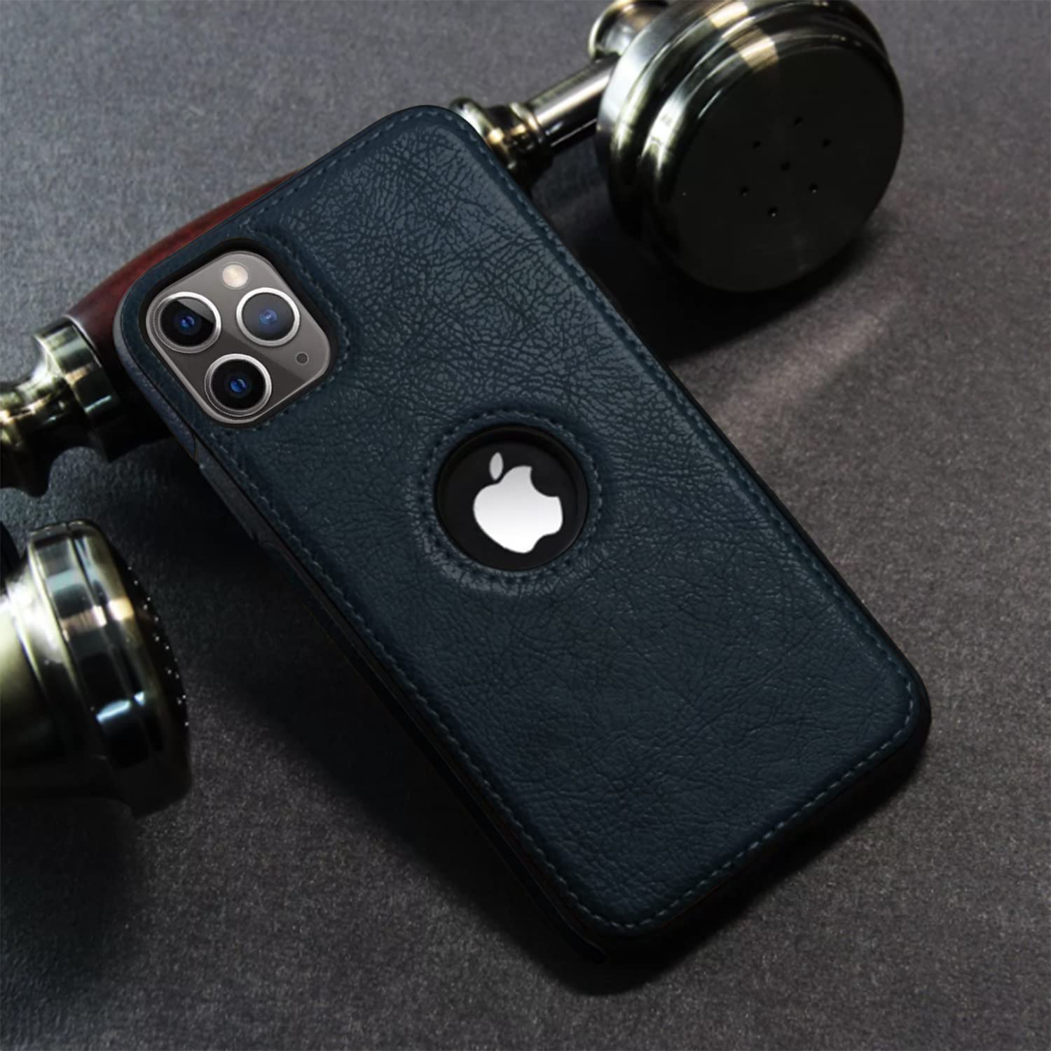 Puloka Dark Blue Logo cut Leather silicone case for Apple iPhone 14 Pro Max
