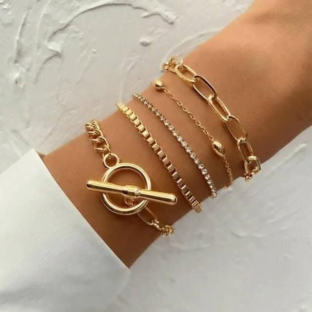 Pinapes Gold Punk Style Chain Bracelet Set Lock & Crystal (5 Pieces)