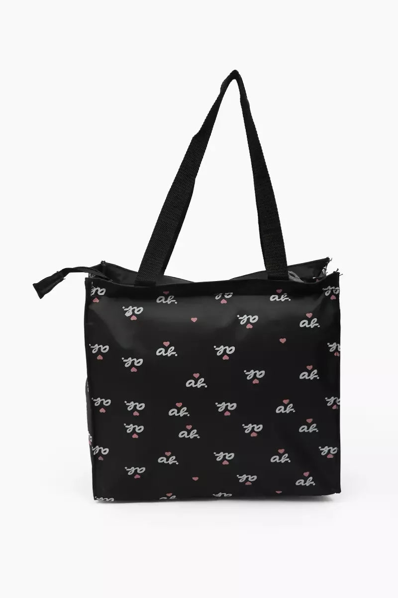 Letter Printed Canvas Tote Hand Bag for Girls (Black)