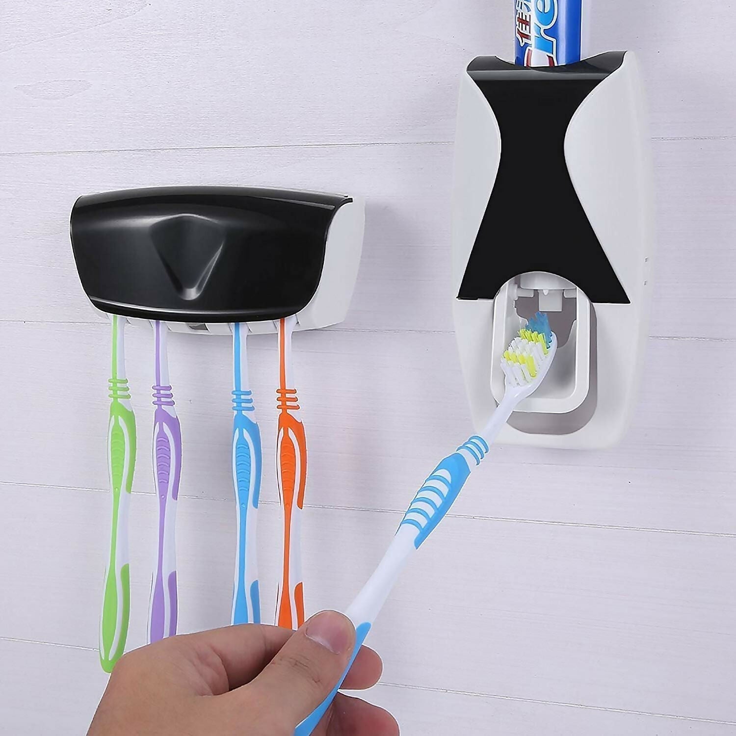 Automatic Toothpaste Dispenser with 5-Slot Toothbrush Holder Hands-Free Bathroom Organizer (Random Colour)