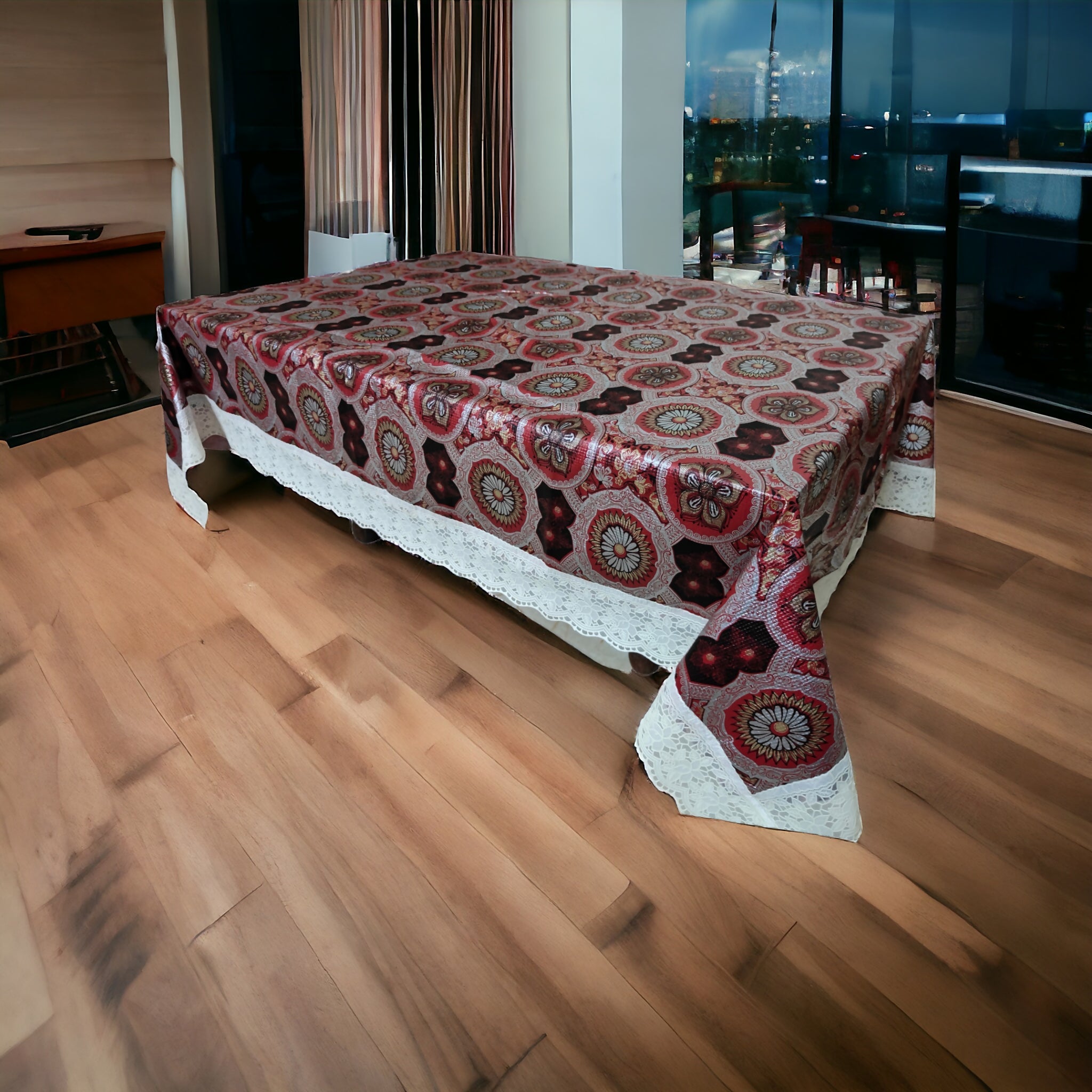 Mopak Decor 3D Printed Table Cover with Lace – Medium (40x60) for 4-Seater & Large (60x90) for 6-Seater – Rectangular Dining and Centre Table Cloth (Red)