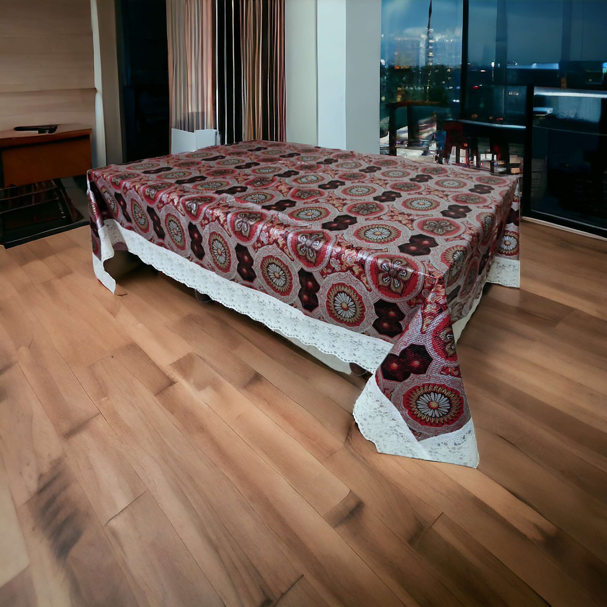 Mopak Decor 3D Lace Table Cover And Dining & Centre Table (Red Protector)