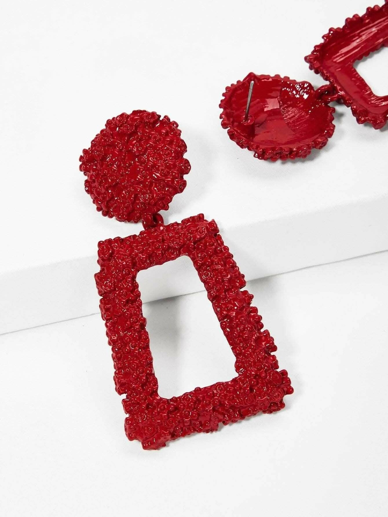 Pinapes Rectangle Metallic Earrings Geometric Design for Women & Teens (Chic Red)