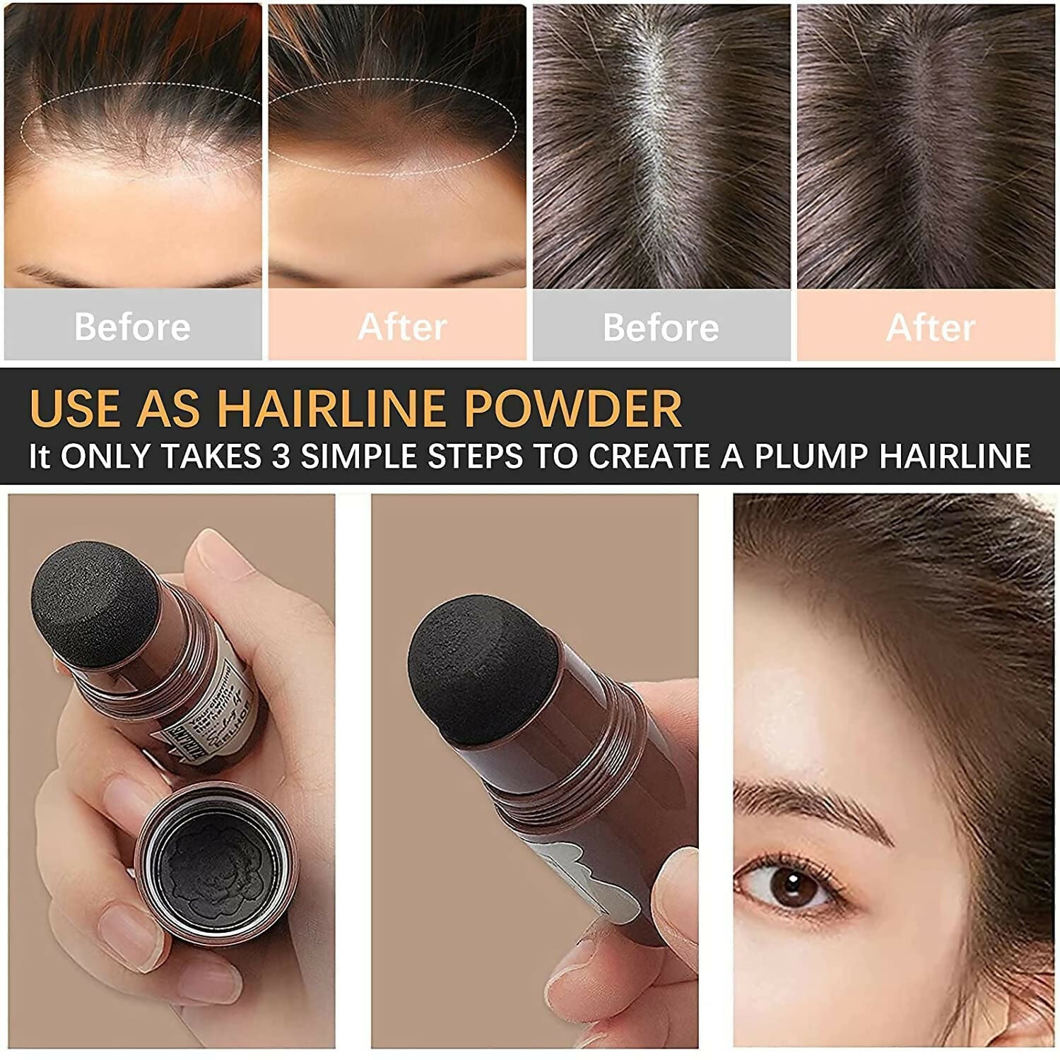 Hair Shading Powder Stick & Sponge Pen Quick Root Touch-Up & Eyebrow Stamps (Black)