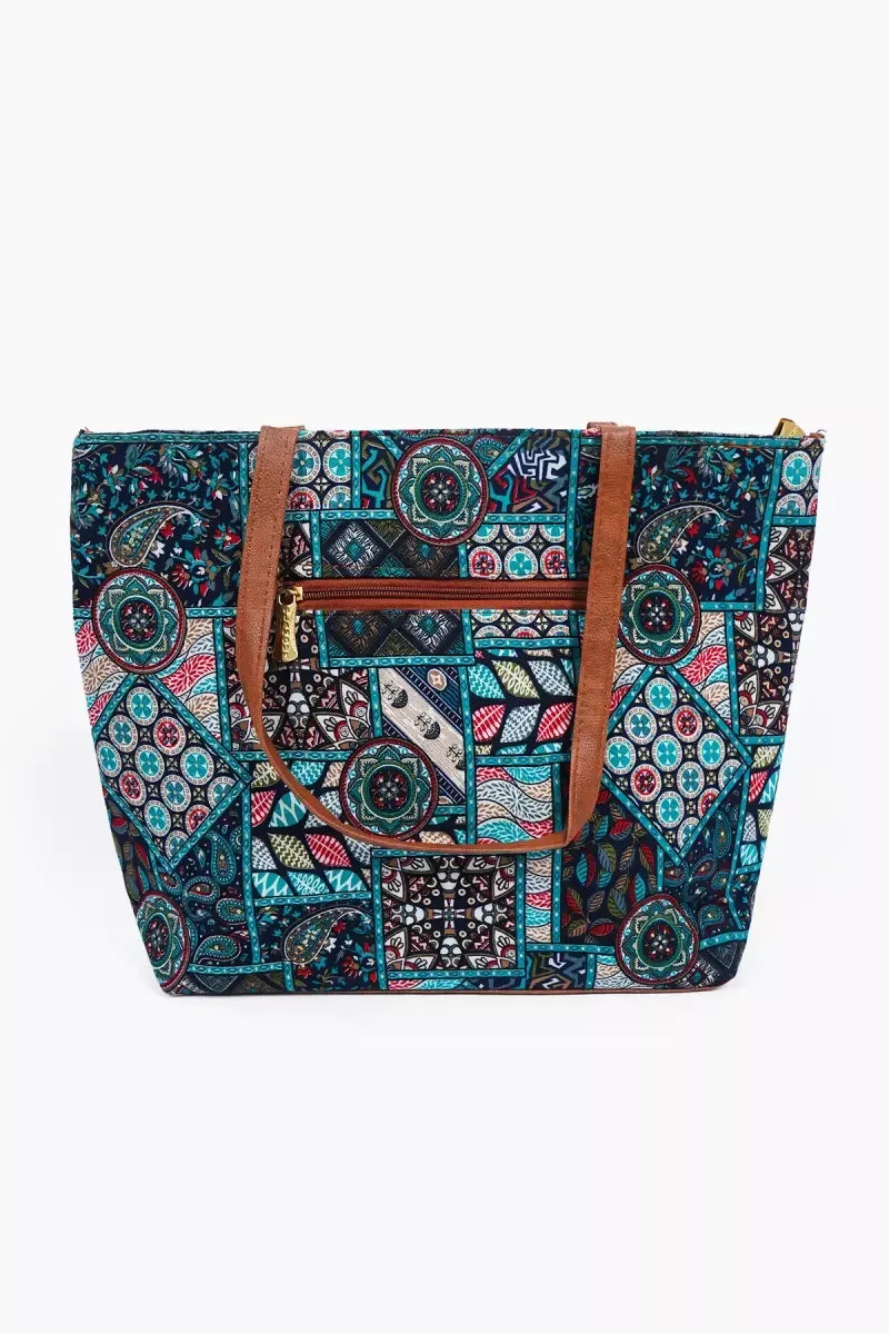 Latest Ikat Pattern Hand Bag for Women - Green