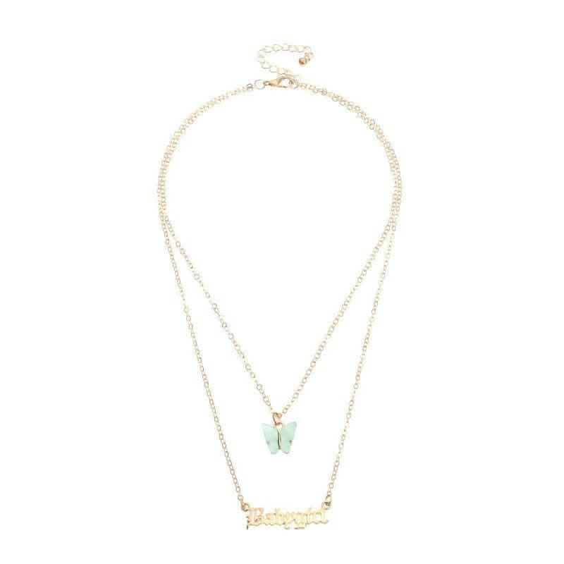 Pinapes Babygirl Letter Acrylic Butterfly Necklace Gold & Blue Multi-Layered Design