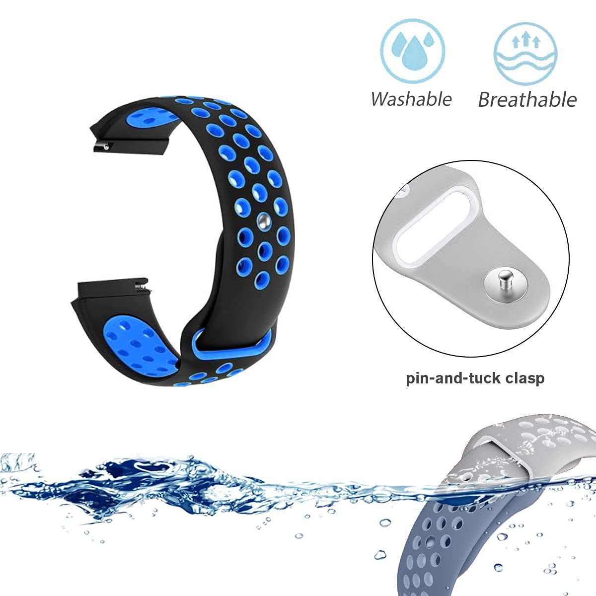 Black Light Blue Dotted Silicone Strap For Smart Watch 22mm