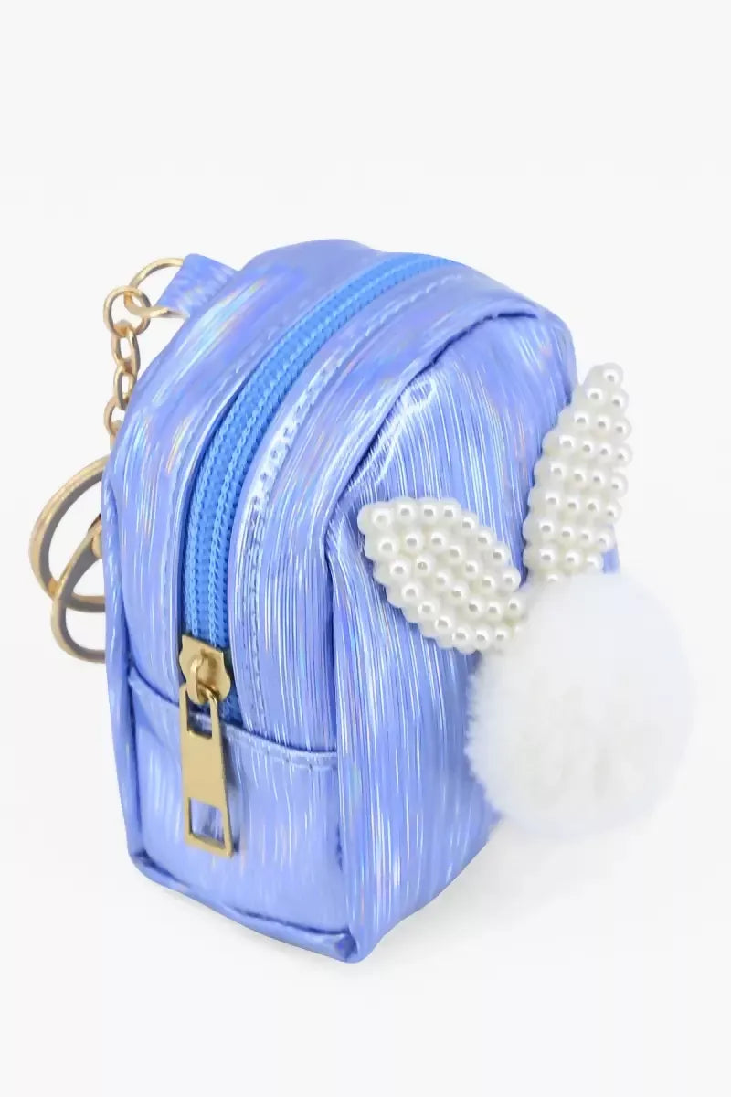 Mini Coin Purse Keychain with Fluffy Pompom (Blue)