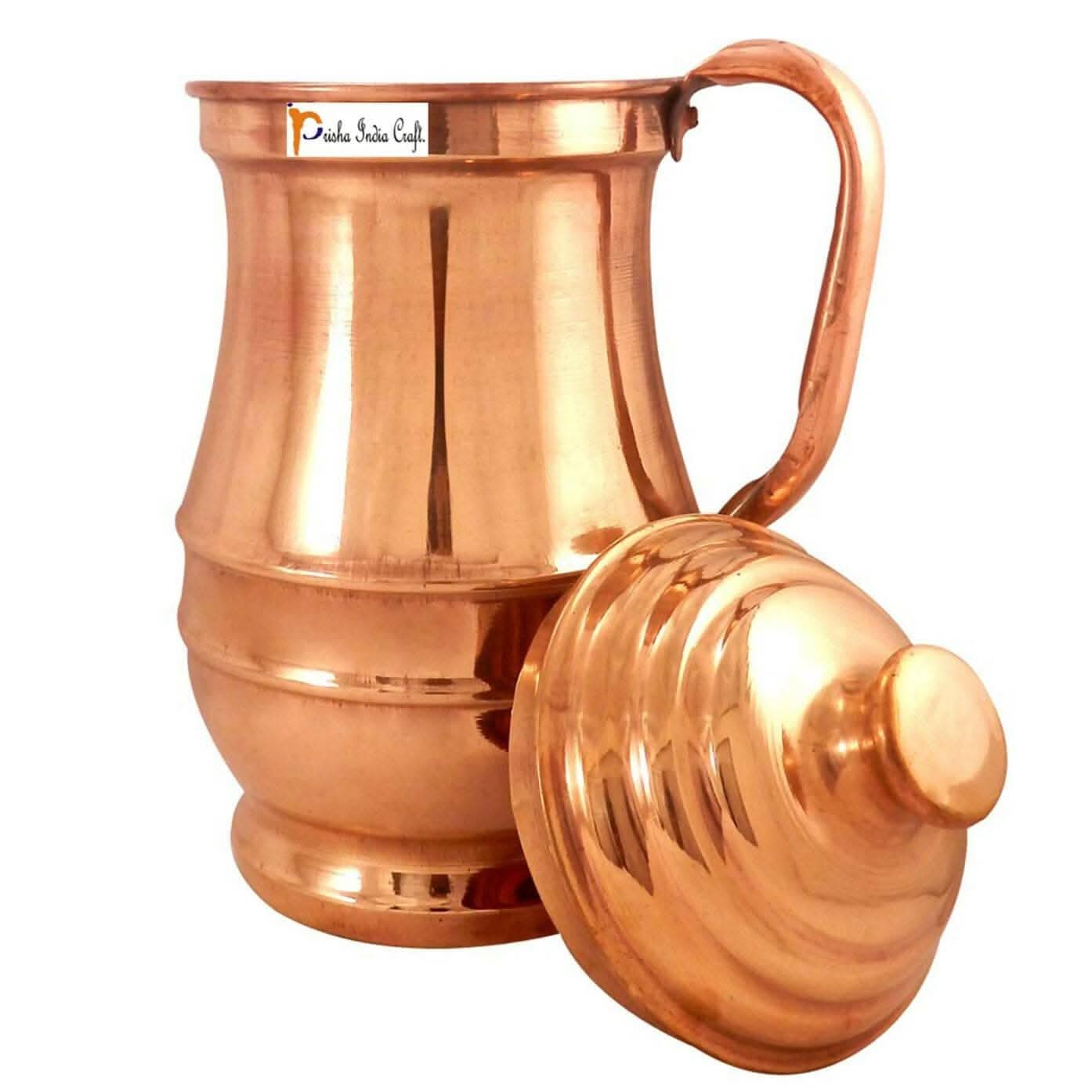 Prisha India Craft  Handmade Copper Jug Pitcher, Serveware & Tableware, Good Health Benefits, Maharaja Jug with Lid,1300 ML