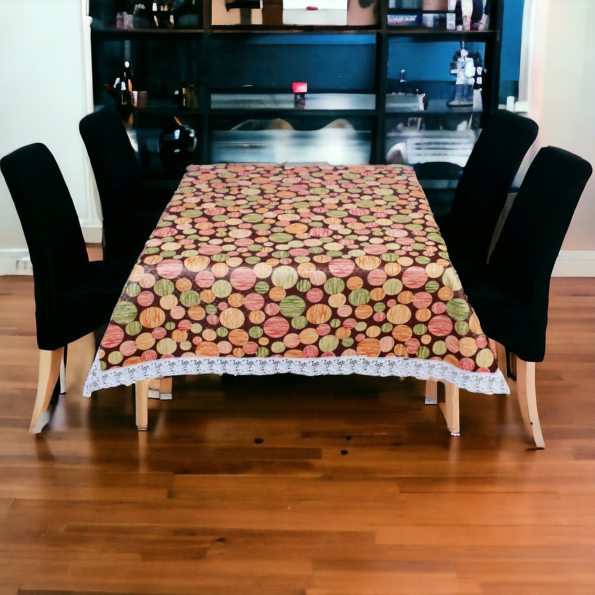 Mopak Decor 3D Printed Table Cover with Lace (Brown Multicircle Design)