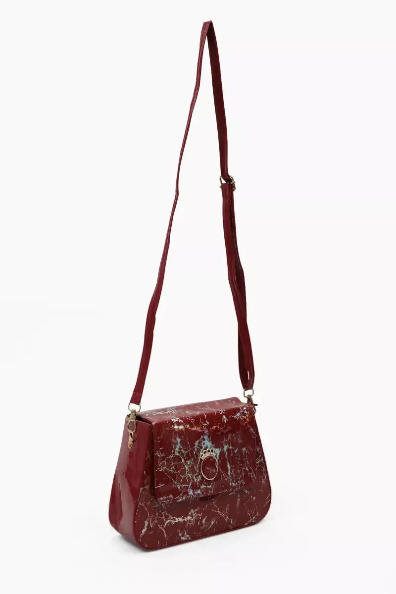 Marble printed Box Sling Bag for Girls - Dark red