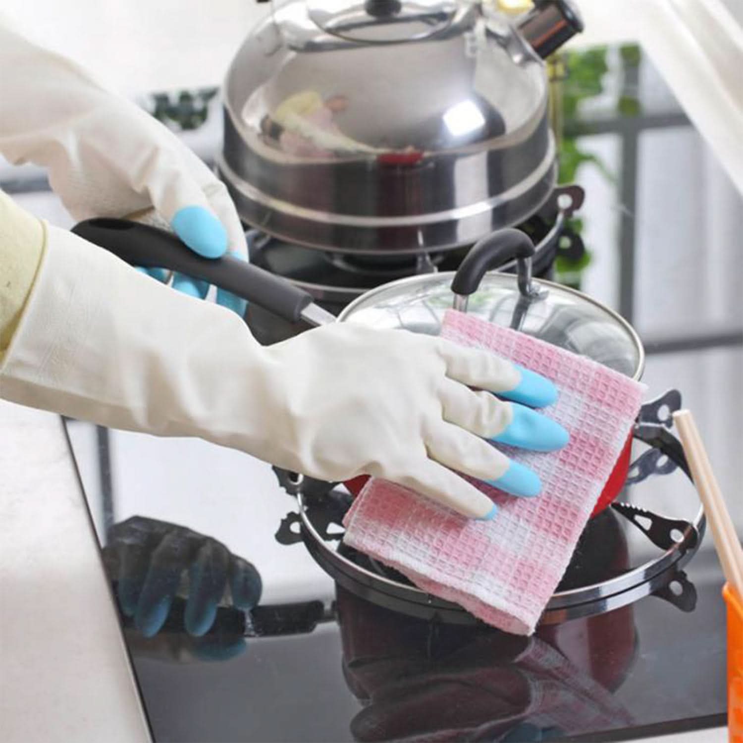 Reusable PVC Rubber Latex Cleaning Gloves – Flock Lined Elbow-Length Hand Gloves (1 Pair)