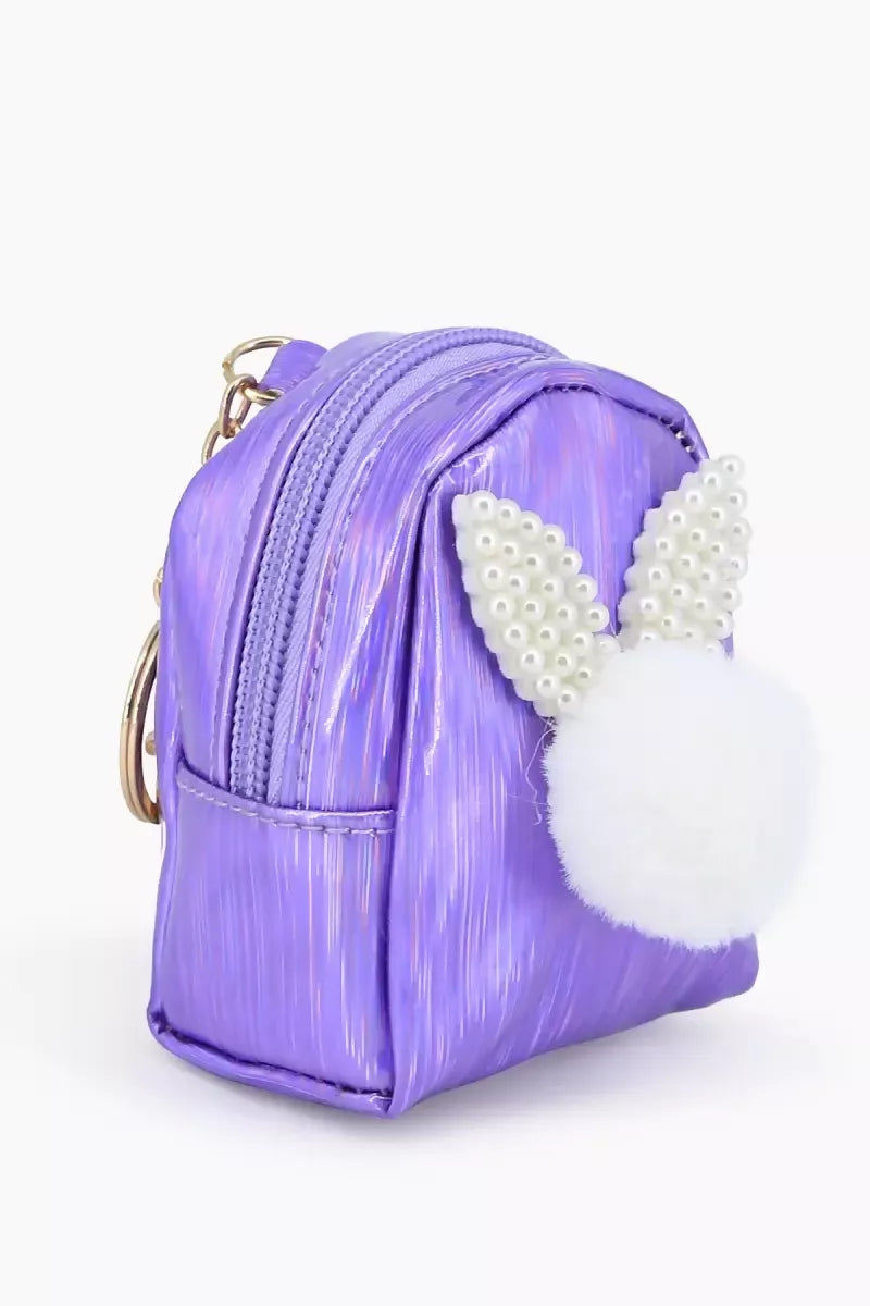 Mini Coin Purse Keychain with Fluffy Pompom (Purple)