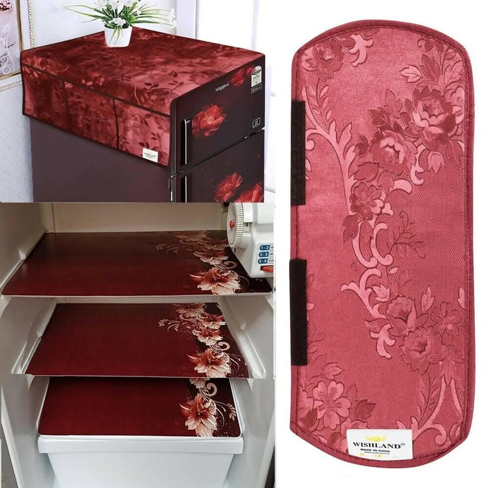 WISHLAND Double Door Fridge Cover Combo Set of 1 Fridge Cover + 1 Fridge Handle Cover + 3 Multipurpose Fridge Mats (Brown)