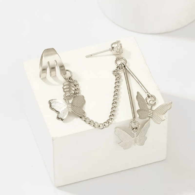 Pinapes beautiful silver butterfly tassels clip ear cuff earring