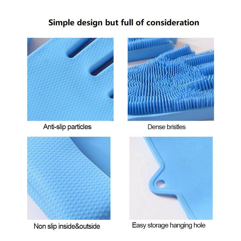 Pair of Reusable Waterproof Silicone Gloves for Cleaning Kitchen, Laundry & Garden (Blue)