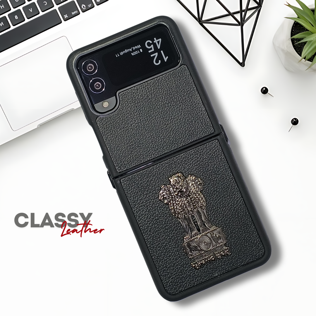 Black Satyameva Jayate embossed Leather Case for Samsung Galaxy Z FLIP 4