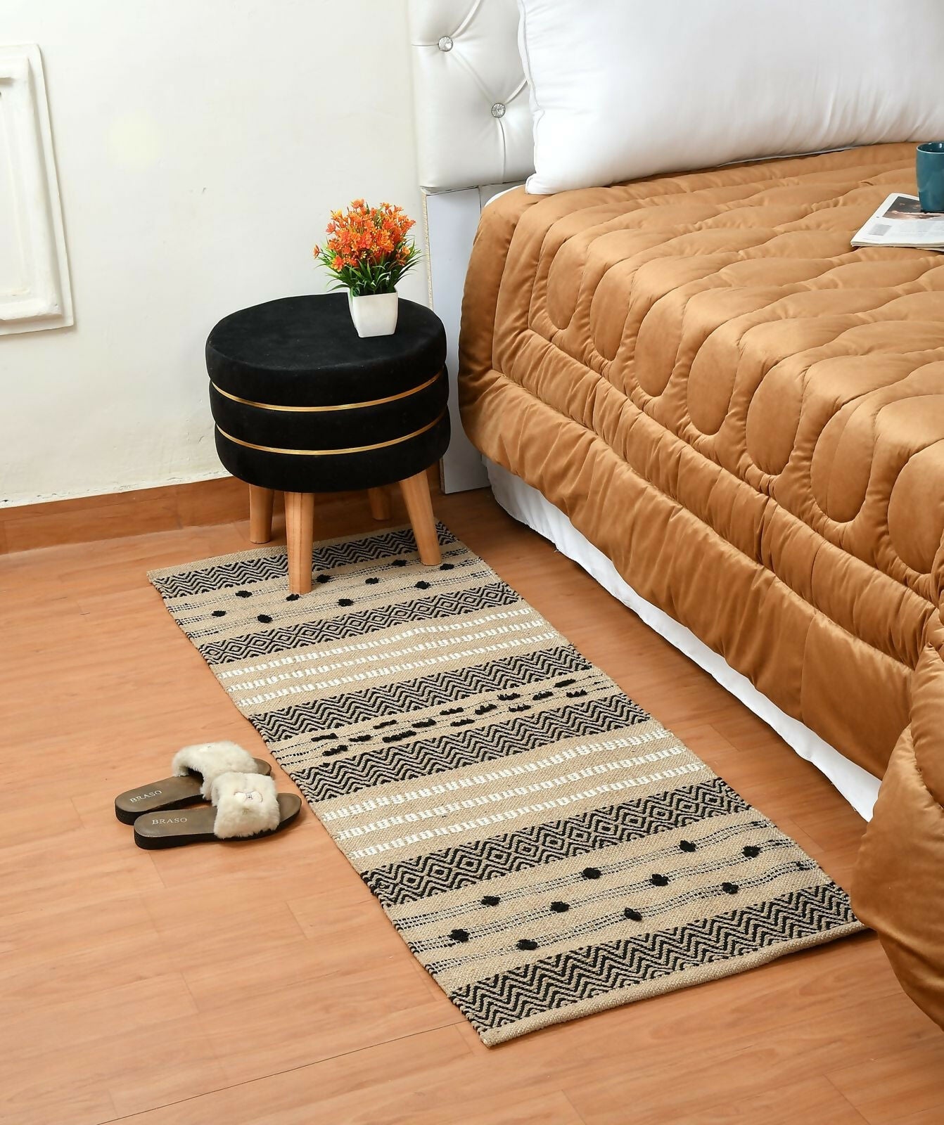 AaHo Natural Cotton Runner Designer Striped Rug for Passage & Home (2 x 5 feet, Beige Black)