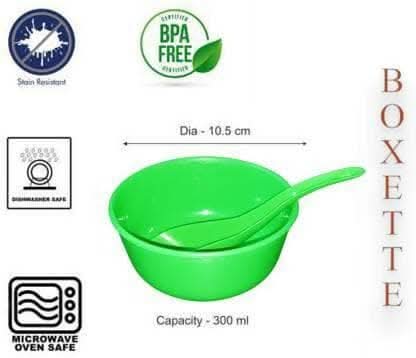 Plastic Soup Bowl with Spoon (Green, Pack of 6)