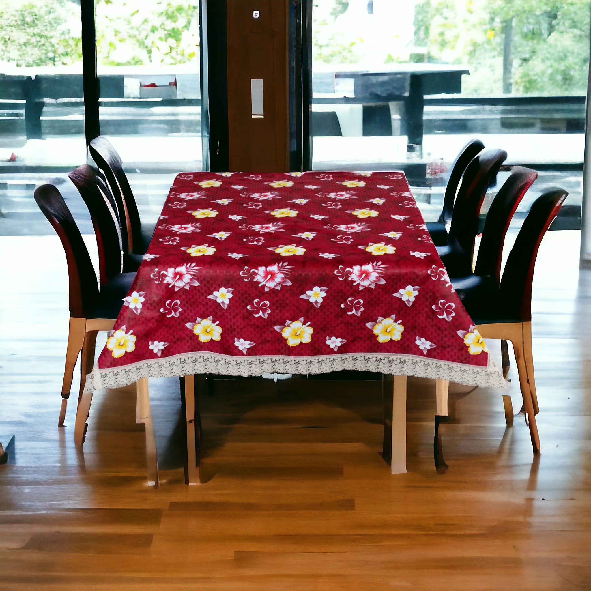 Mopak Printed Lace Table Cover For Dining & Centre Tables (Maroon Yellow Flower)
