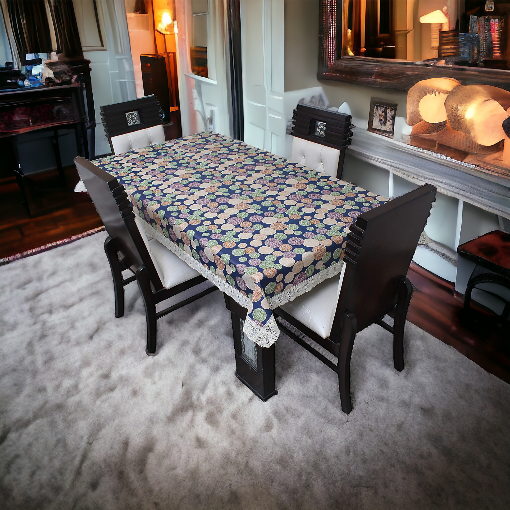 Stylish Blue Multi circle Embroidered Polyester Table Cover – Small & Large (40x60 & 60x90) Inches