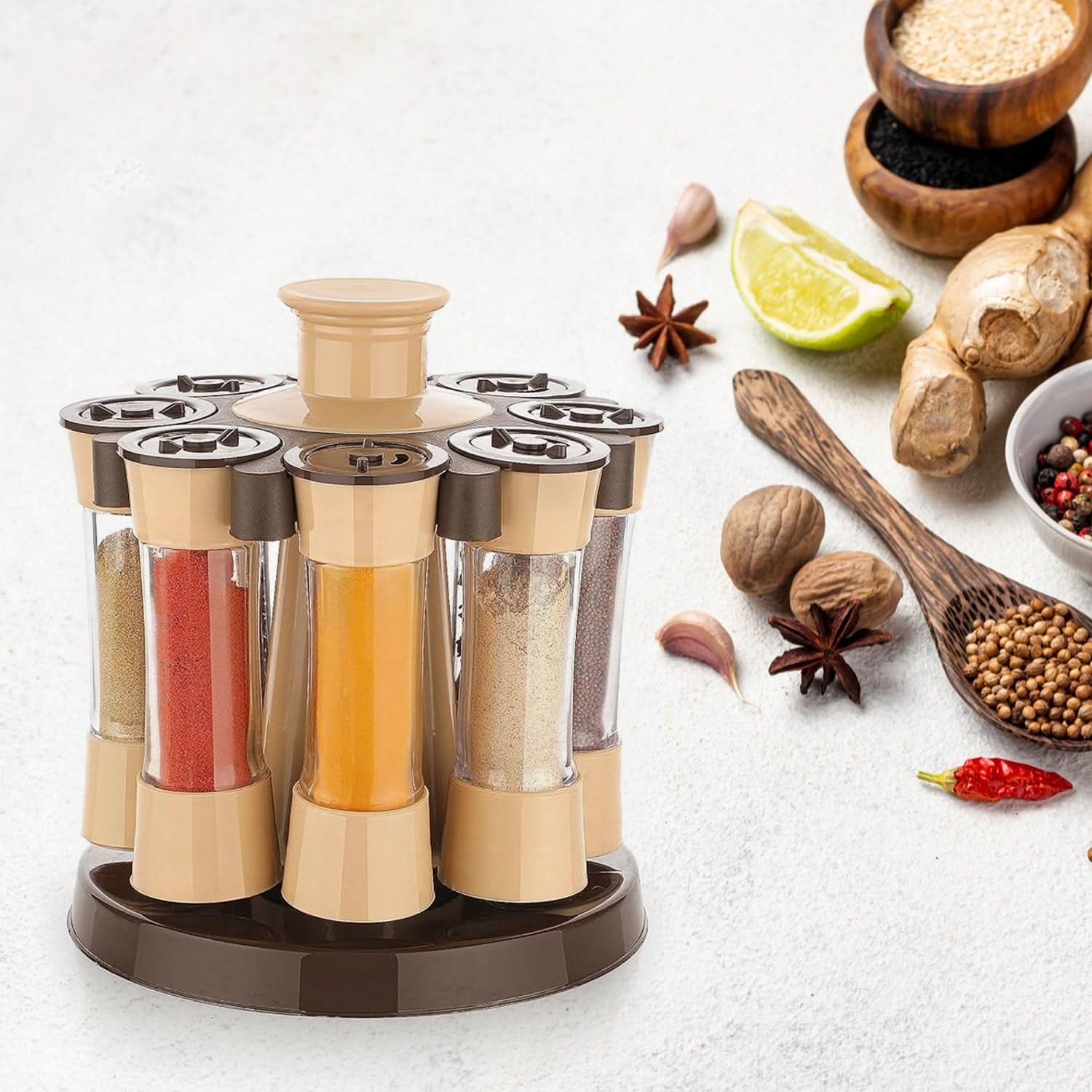 360° Revolving Spice Rack – 8-Piece Condiment Jar Set for Kitchen & Dining
