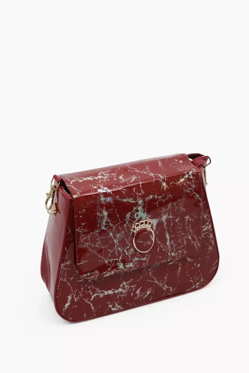 Marble printed Box Sling Bag for Girls - Dark red